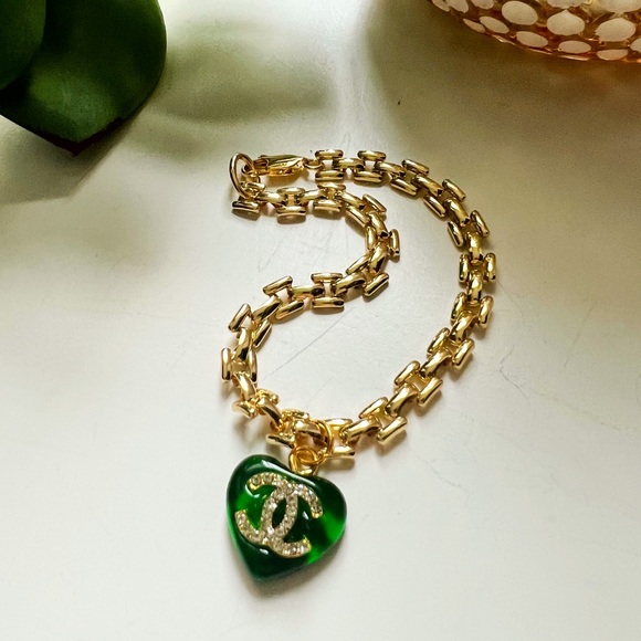 CHANEL Jewelry - Authentic Chanel Green/Gold Acrylic Heart Finding on 24K GF Panther Chain